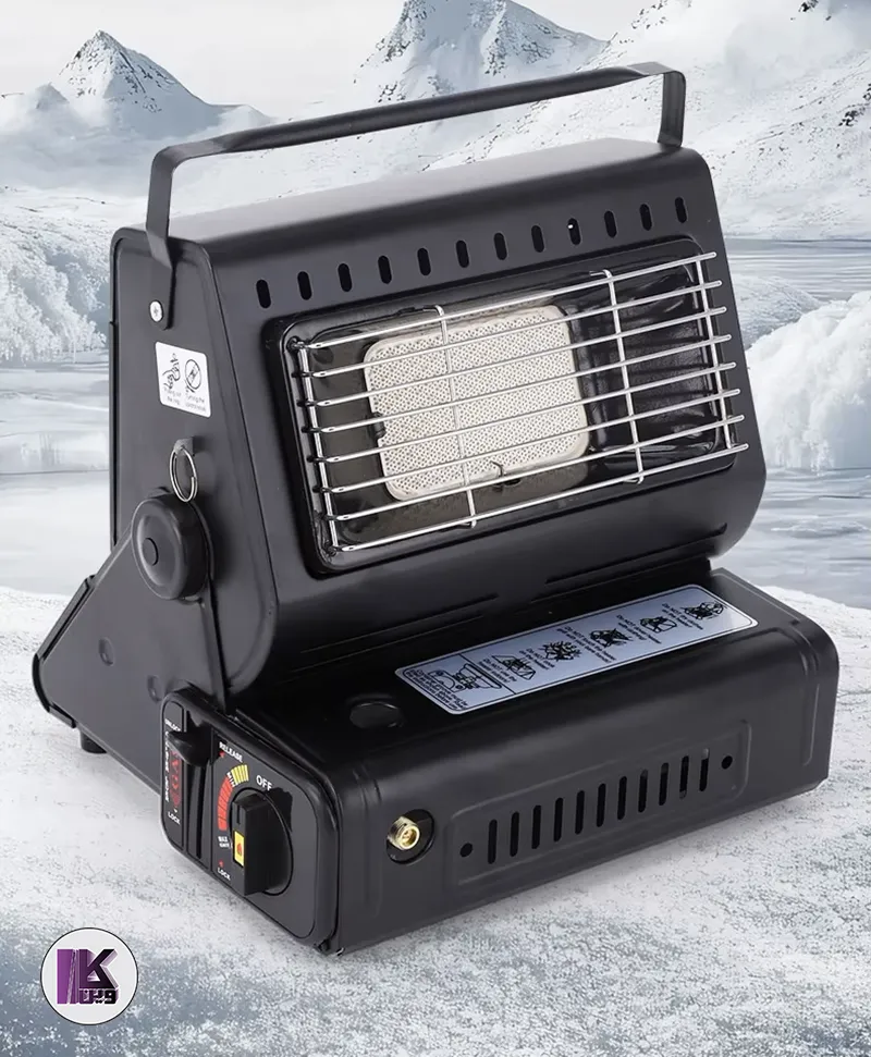 تصویری از جلو اجاق گاز و بخاری سفری دوکاره مشکی