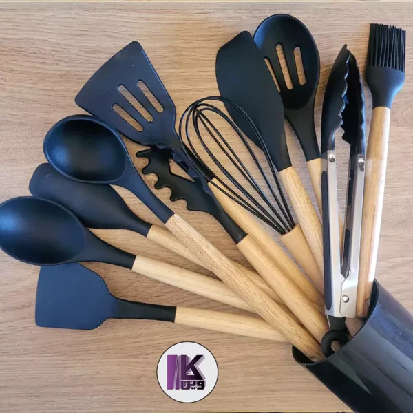 ست ۱۲ تکه کفگیر و ملاقه سیلیکونی دسته چوبی