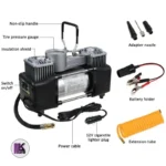 تصویری از پمپ باد فندکی دو سیلندر خودرو مدل 628-4X4 به همراه متعلقات آن