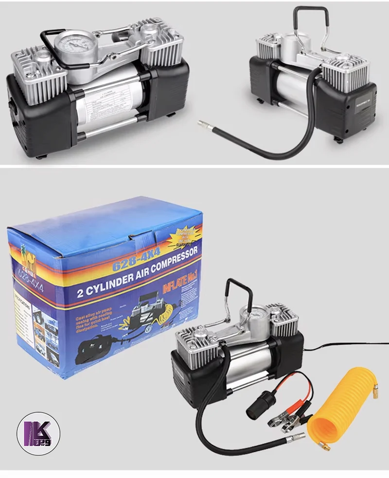 تصویری از پمپ باد فندکی دو سیلندر خودرو مدل 628-4X4 به همراه جعبه